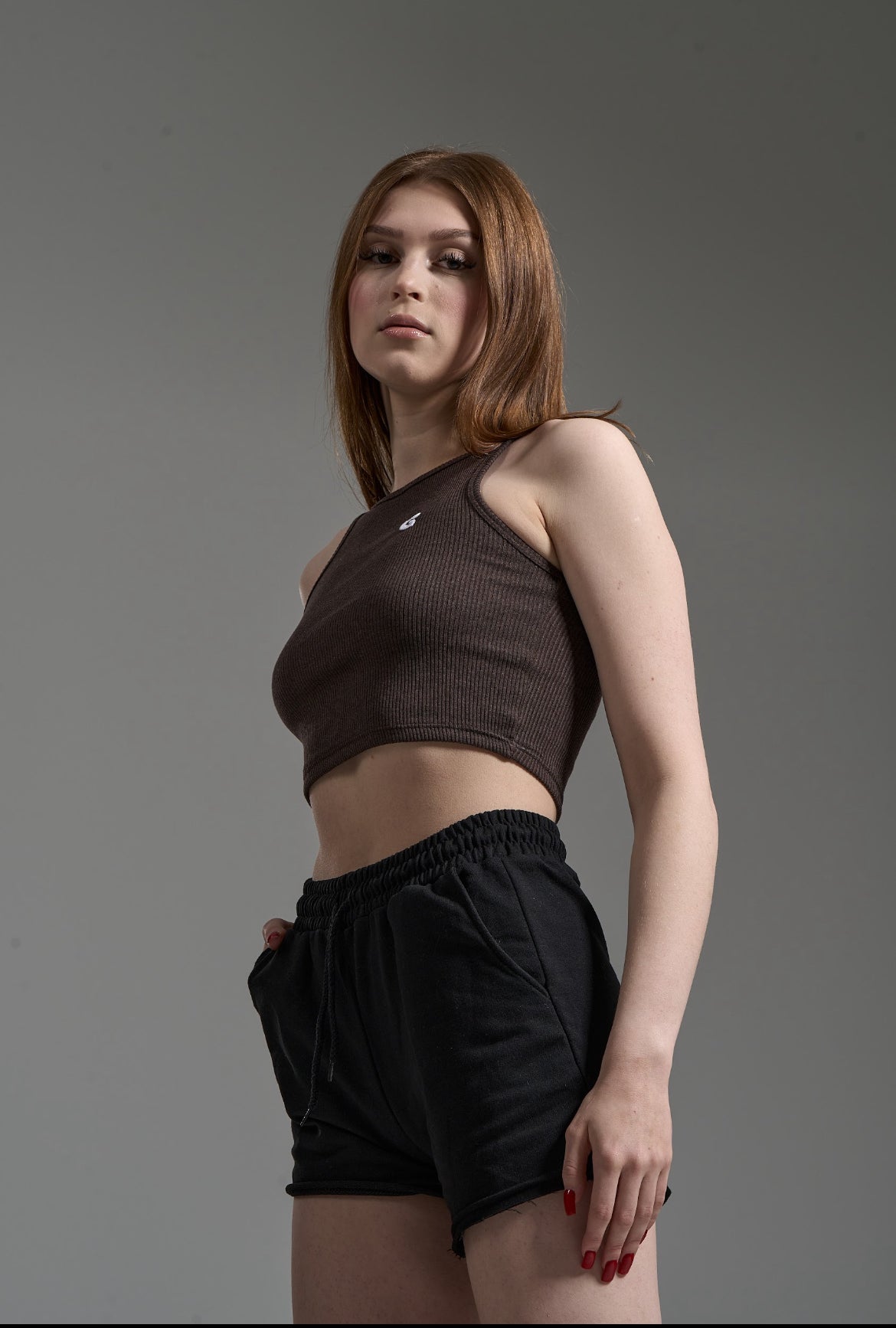 Comfy Essentials - Umber Brown - Black Cropped Sports Top