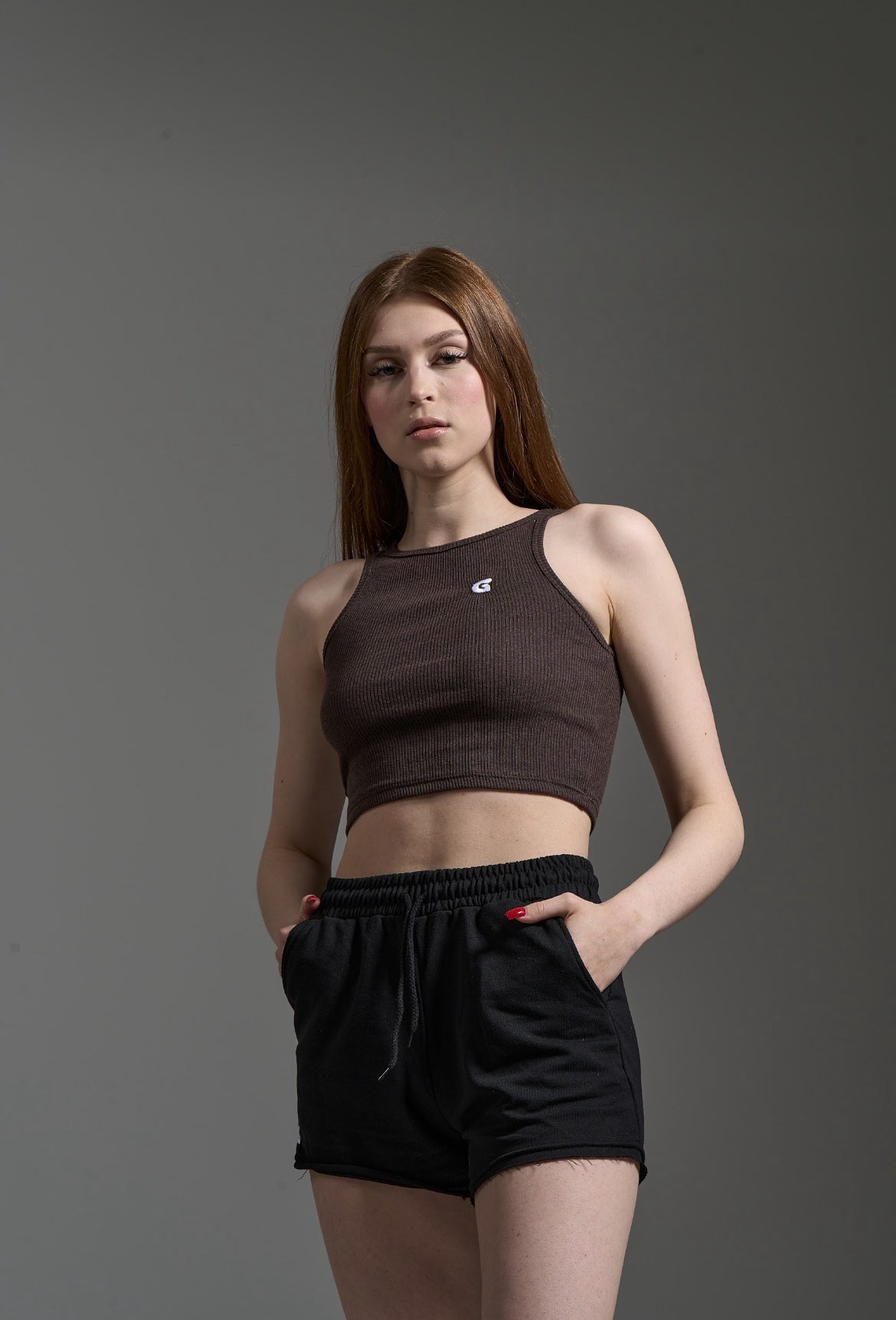 Comfy Essentials - Umber Brown - Black Cropped Sports Top